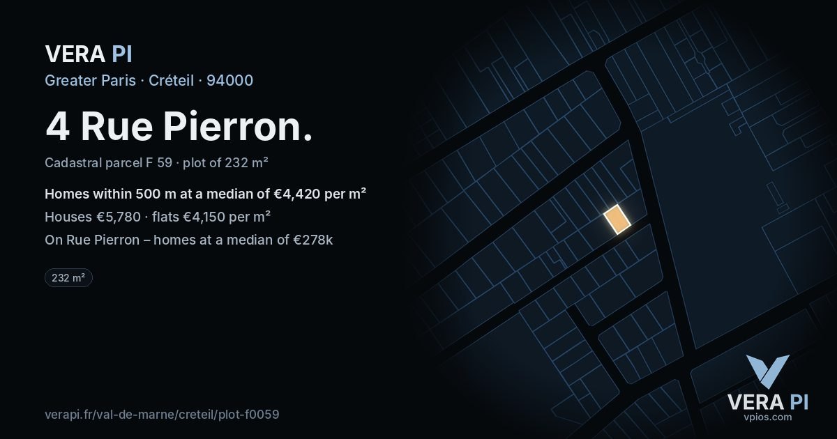 4 Rue Pierron, Créteil at night – the plot lit, the parcels around coloured by the prices near them