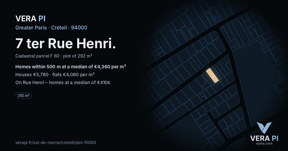 7 ter Rue Henri, Créteil at night – the plot lit, the parcels around coloured by the prices near them
