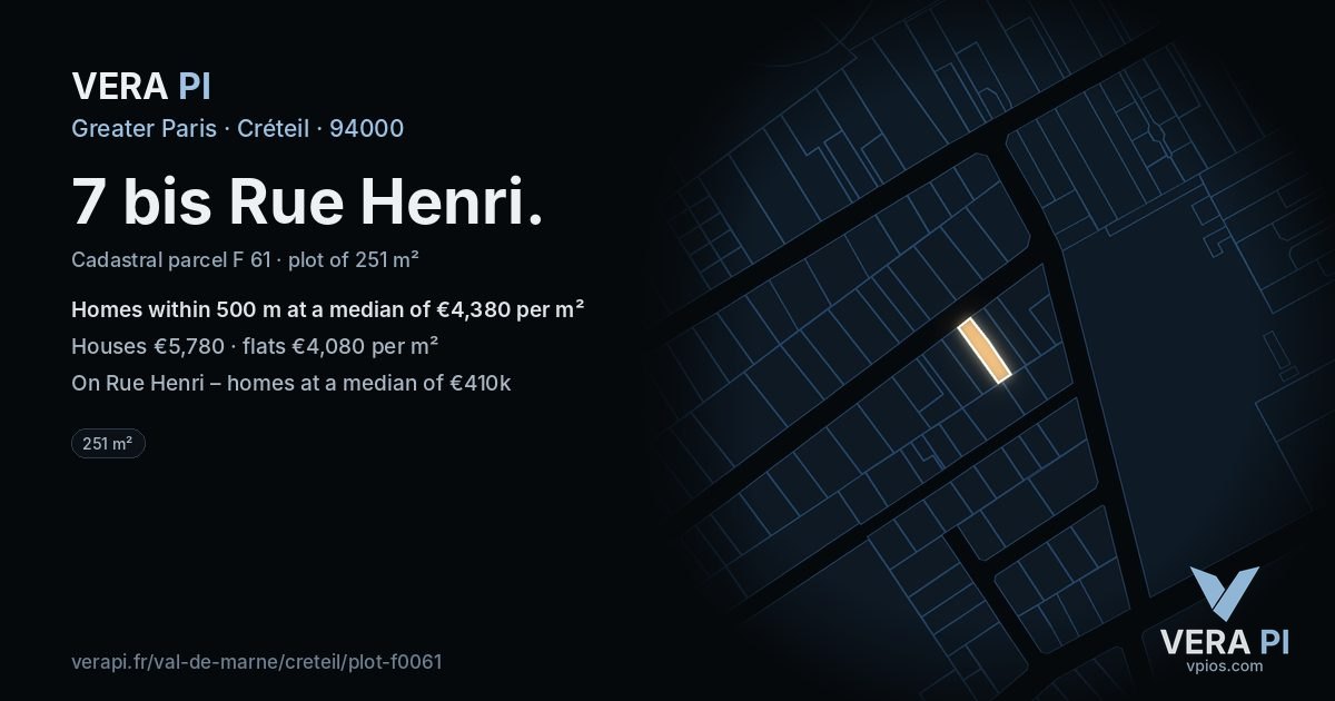 7 bis Rue Henri, Créteil at night – the plot lit, the parcels around coloured by the prices near them