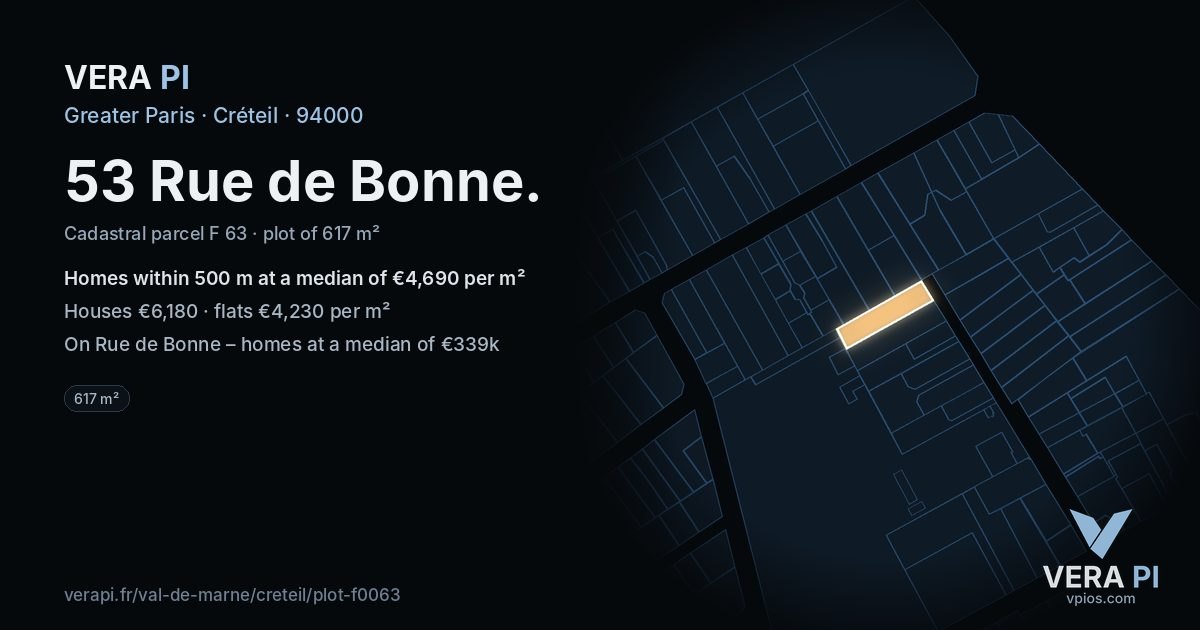 53 Rue de Bonne, Créteil at night – the plot lit, the parcels around coloured by the prices near them