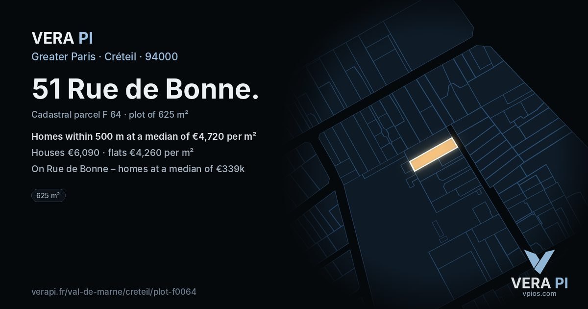 51 Rue de Bonne, Créteil at night – the plot lit, the parcels around coloured by the prices near them