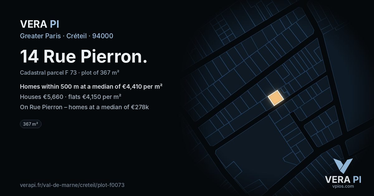 14 Rue Pierron, Créteil at night – the plot lit, the parcels around coloured by the prices near them