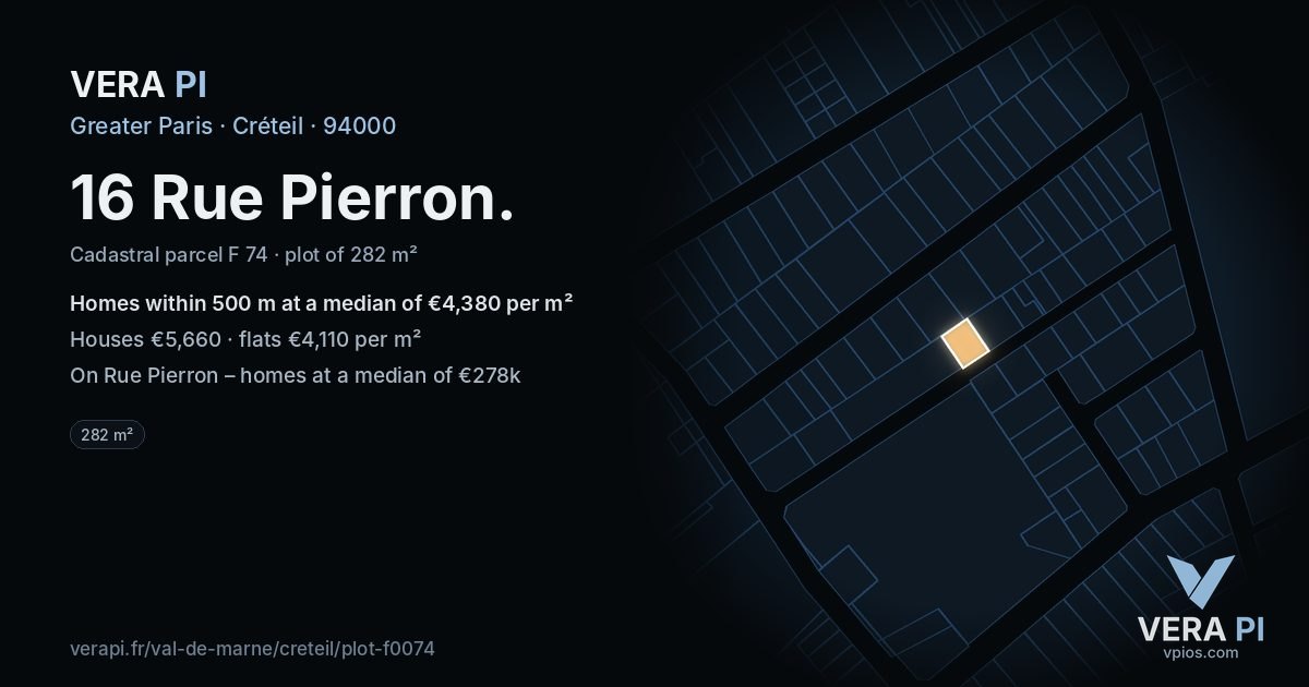 16 Rue Pierron, Créteil at night – the plot lit, the parcels around coloured by the prices near them