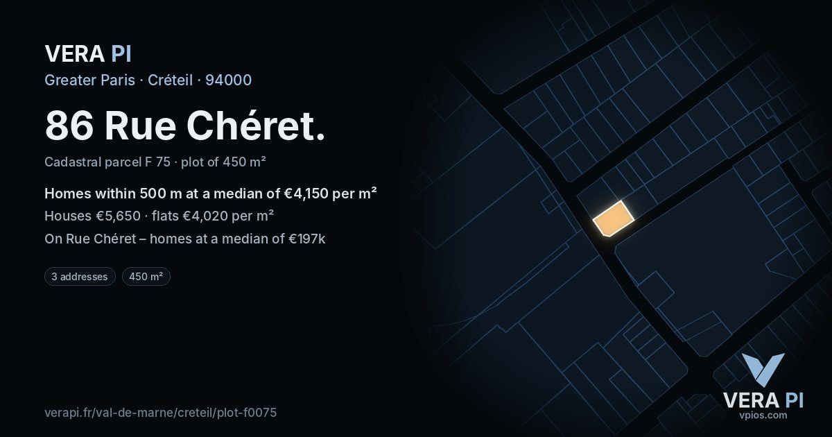 86 Rue Chéret, Créteil at night – the plot lit, the parcels around coloured by the prices near them