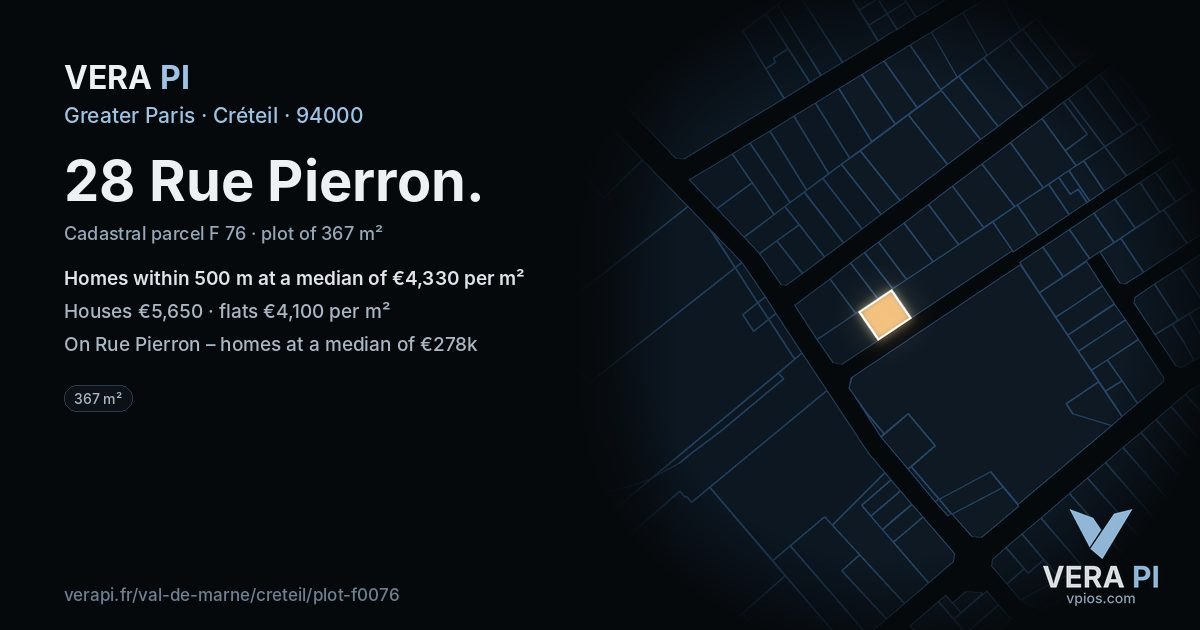 28 Rue Pierron, Créteil at night – the plot lit, the parcels around coloured by the prices near them
