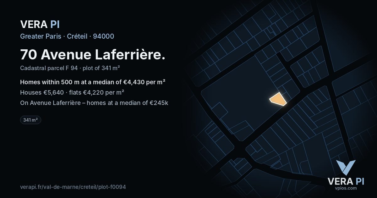 70 Avenue Laferrière, Créteil at night – the plot lit, the parcels around coloured by the prices near them