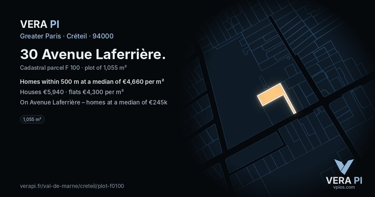 30 Avenue Laferrière, Créteil at night – the plot lit, the parcels around coloured by the prices near them