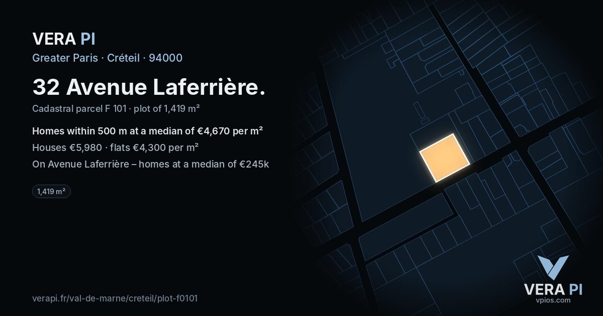 32 Avenue Laferrière, Créteil at night – the plot lit, the parcels around coloured by the prices near them