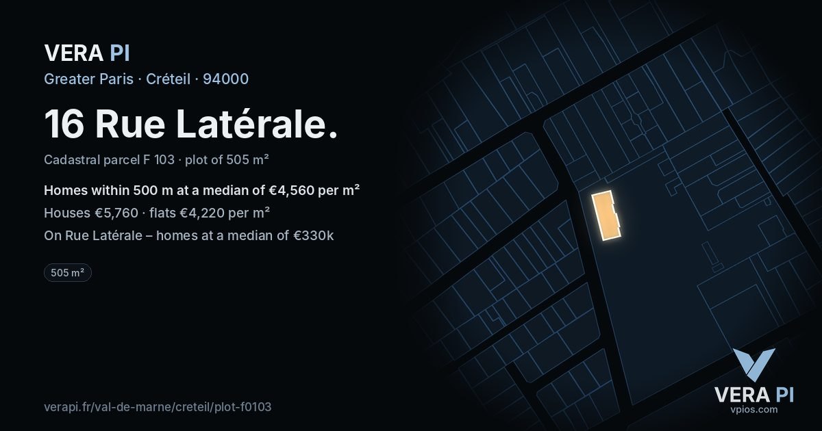 16 Rue Latérale, Créteil at night – the plot lit, the parcels around coloured by the prices near them