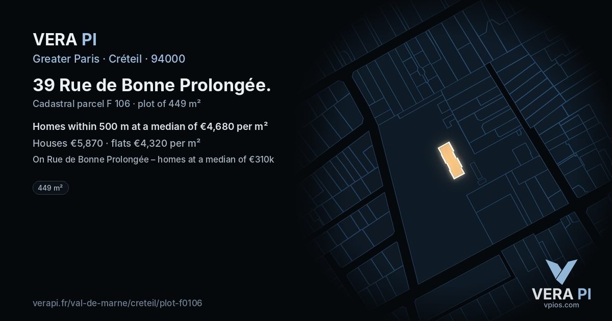 39 Rue de Bonne Prolongée, Créteil at night – the plot lit, the parcels around coloured by the prices near them