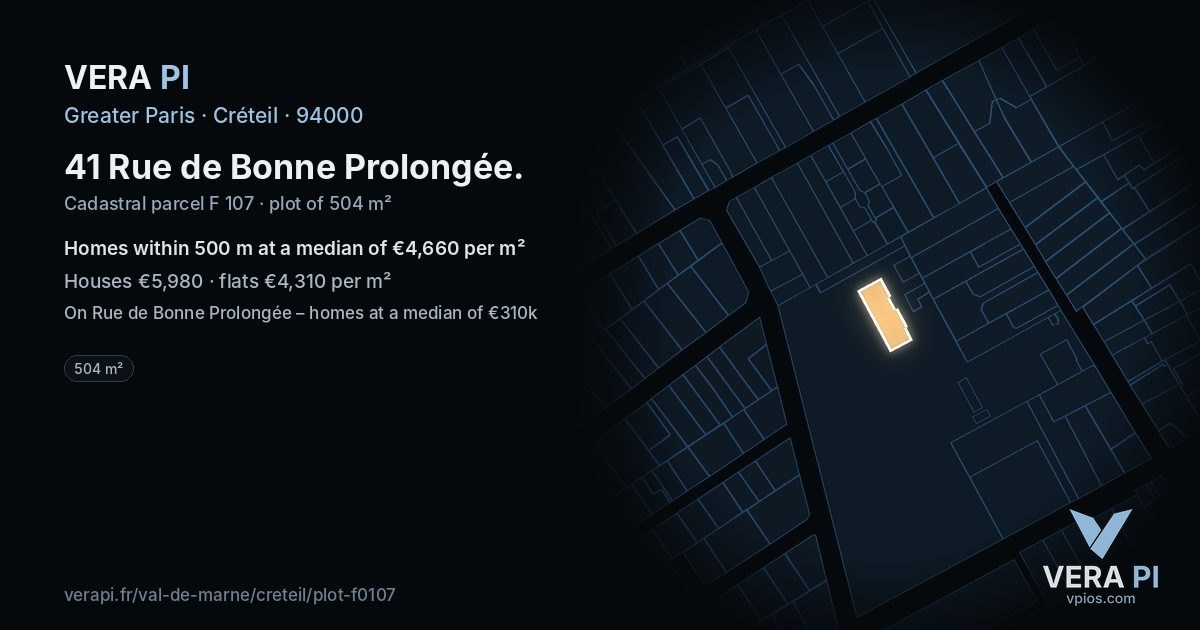 41 Rue de Bonne Prolongée, Créteil at night – the plot lit, the parcels around coloured by the prices near them