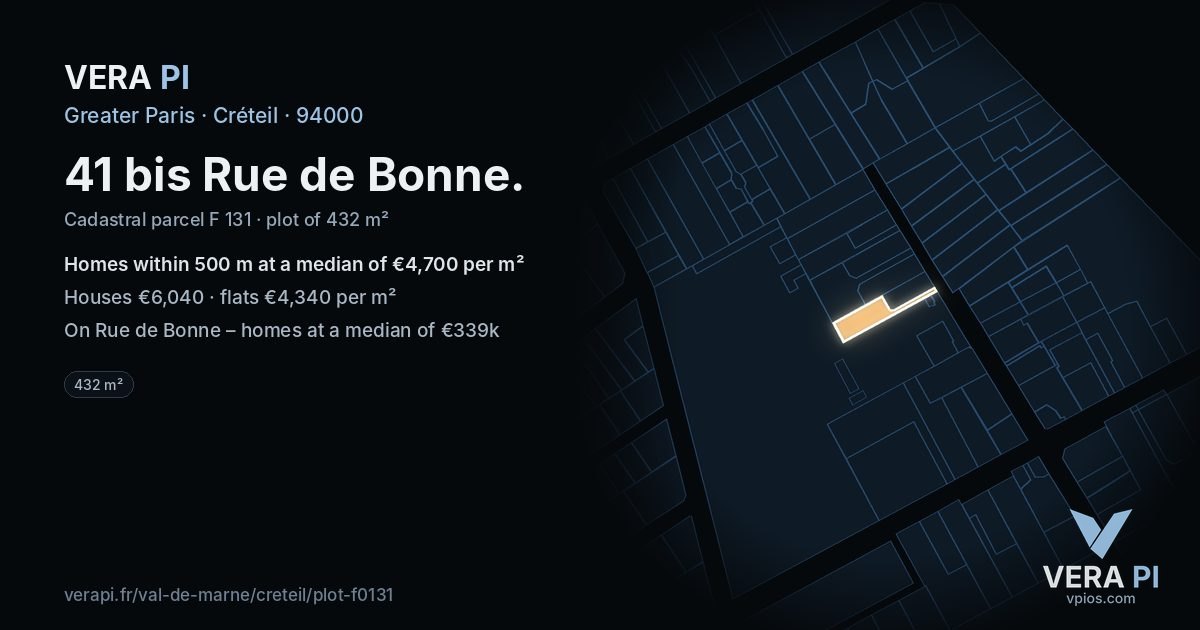41 bis Rue de Bonne, Créteil at night – the plot lit, the parcels around coloured by the prices near them