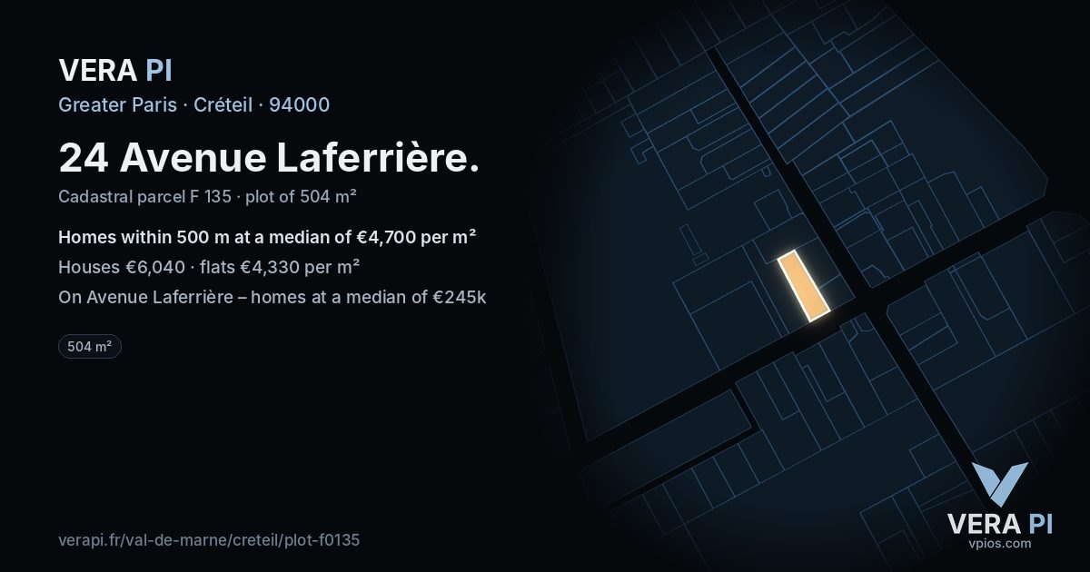24 Avenue Laferrière, Créteil at night – the plot lit, the parcels around coloured by the prices near them