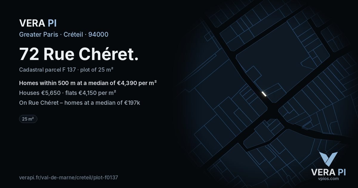 72 Rue Chéret, Créteil at night – the plot lit, the parcels around coloured by the prices near them