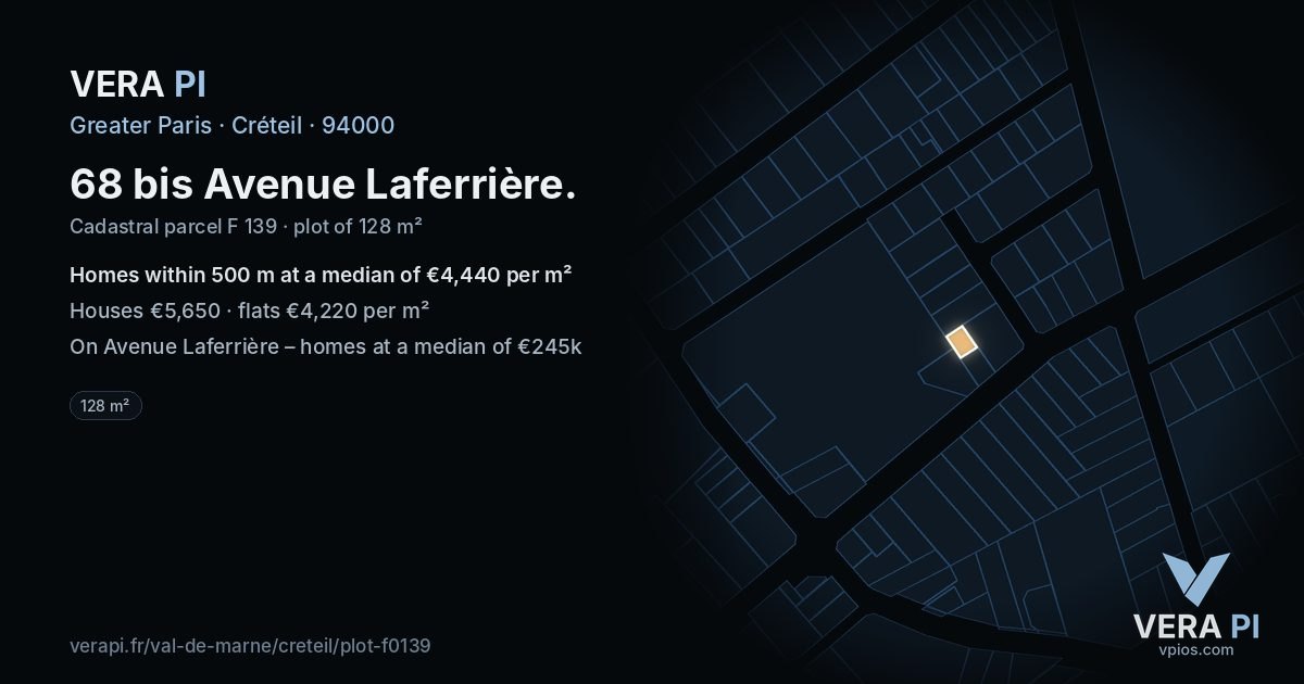 68 bis Avenue Laferrière, Créteil at night – the plot lit, the parcels around coloured by the prices near them