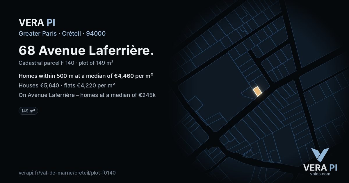 68 Avenue Laferrière, Créteil at night – the plot lit, the parcels around coloured by the prices near them