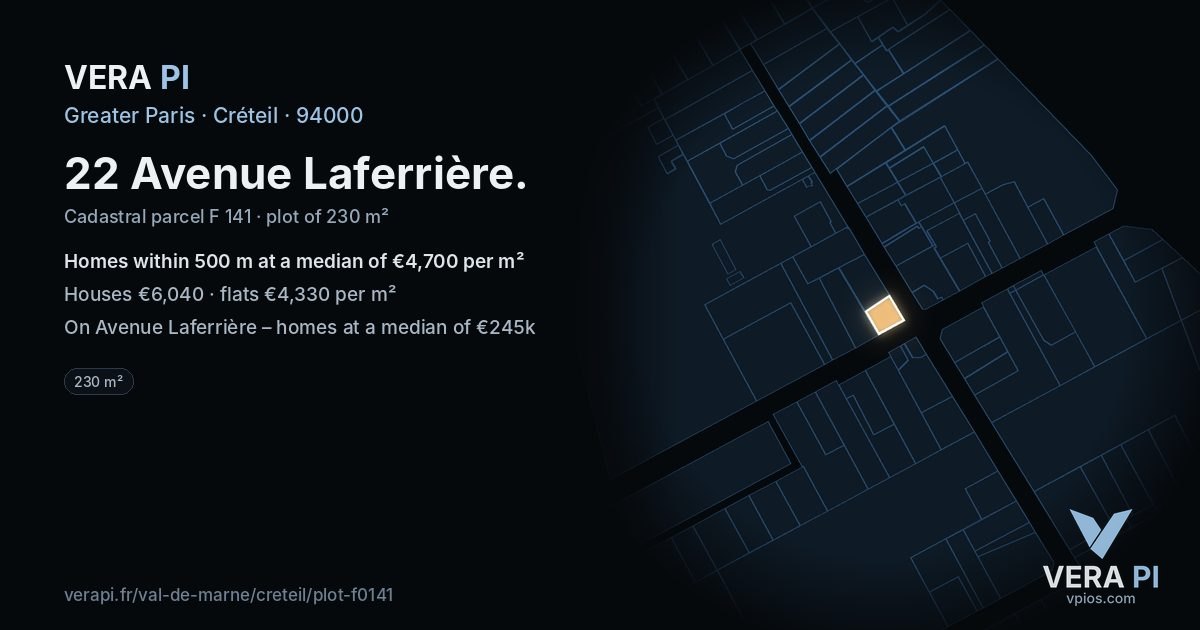 22 Avenue Laferrière, Créteil at night – the plot lit, the parcels around coloured by the prices near them