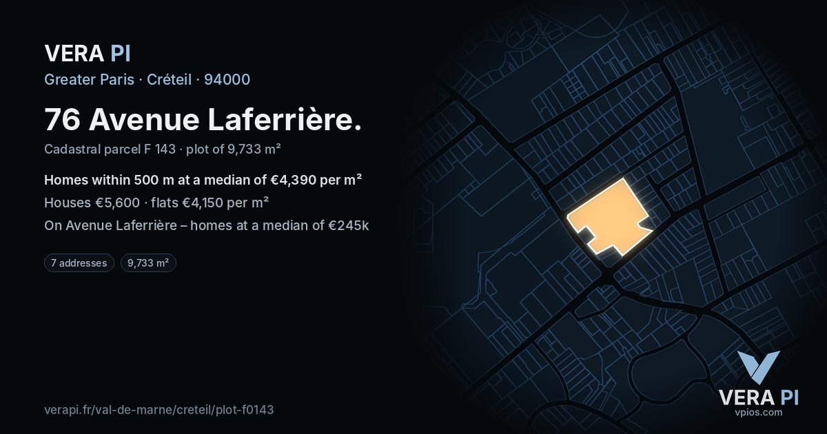 76 Avenue Laferrière, Créteil at night – the plot lit, the parcels around coloured by the prices near them