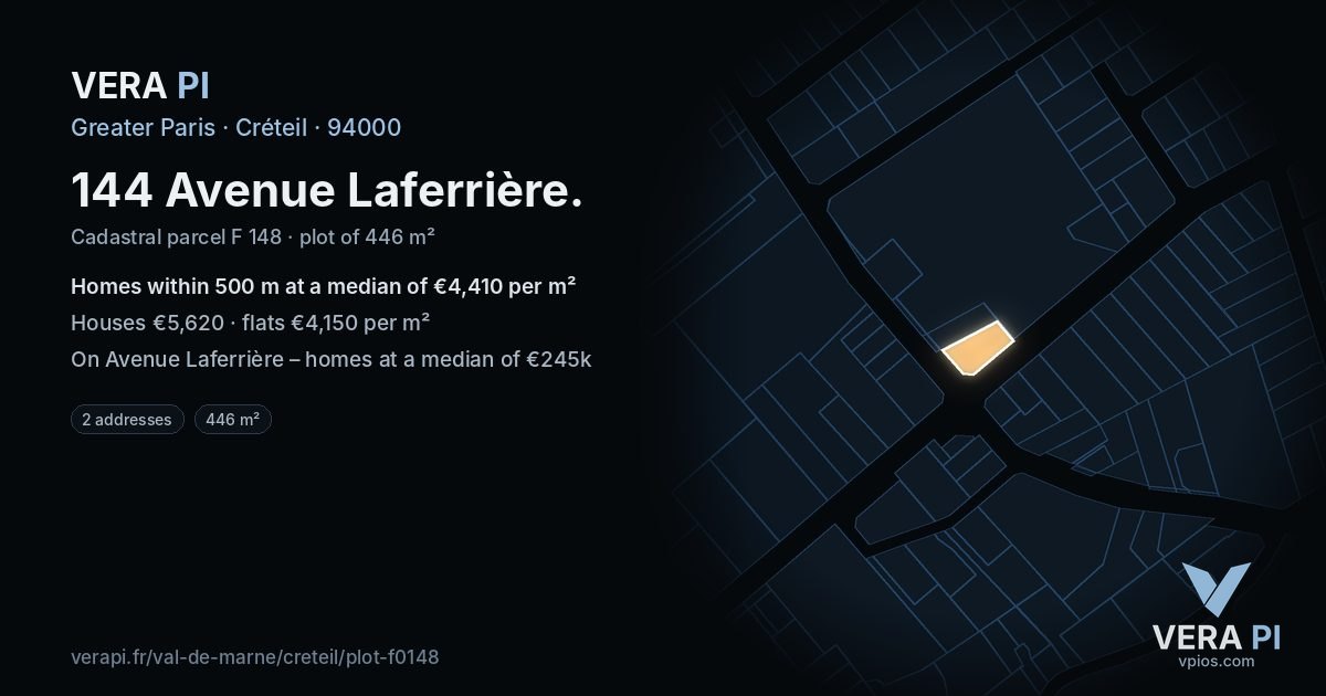 144 Avenue Laferrière, Créteil at night – the plot lit, the parcels around coloured by the prices near them