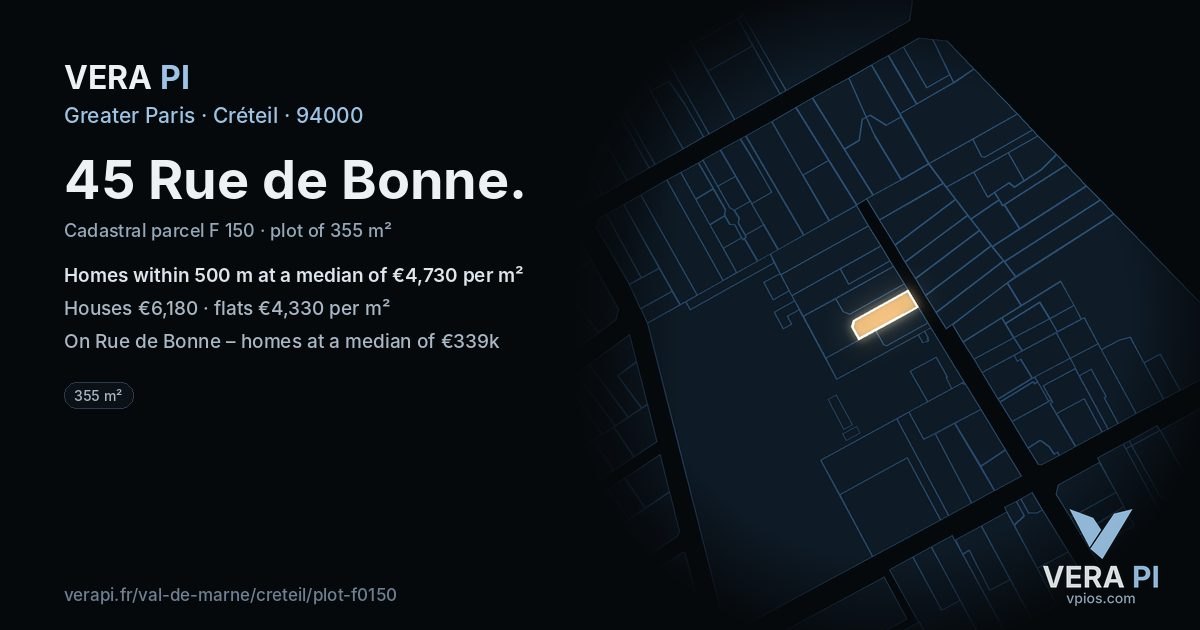 45 Rue de Bonne, Créteil at night – the plot lit, the parcels around coloured by the prices near them