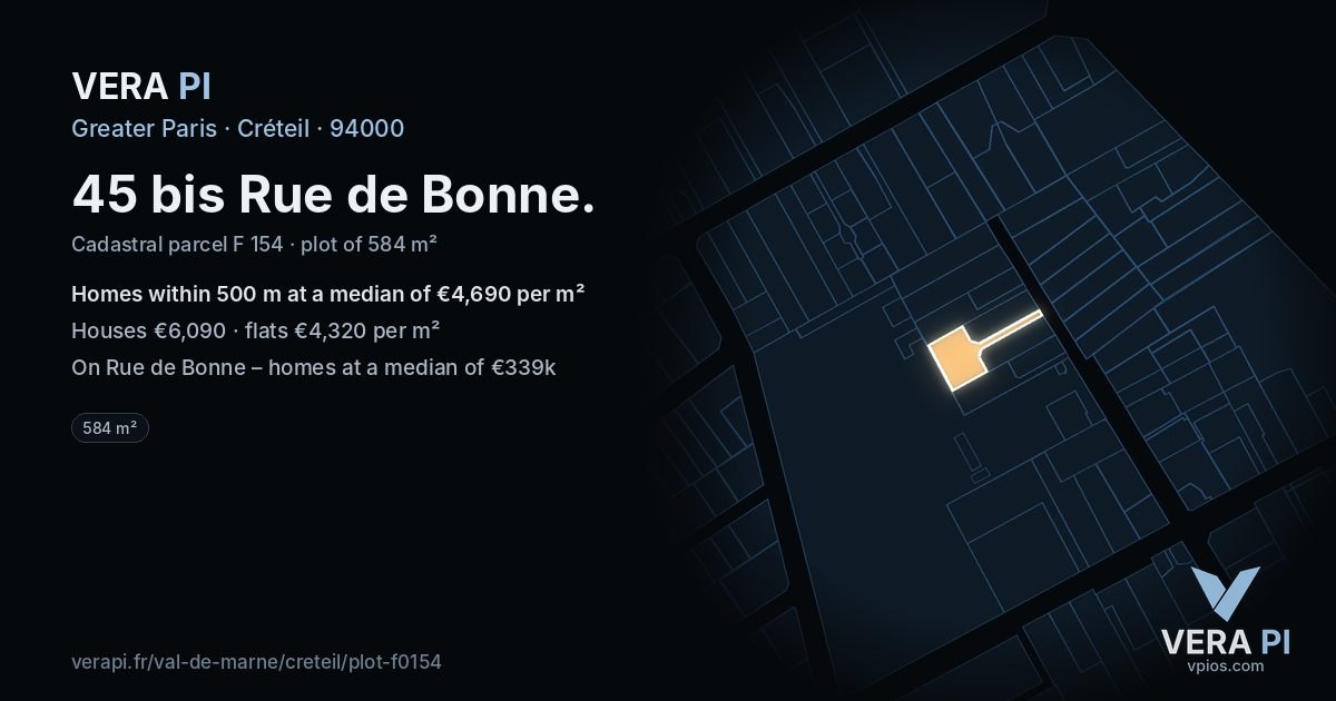 45 bis Rue de Bonne, Créteil at night – the plot lit, the parcels around coloured by the prices near them