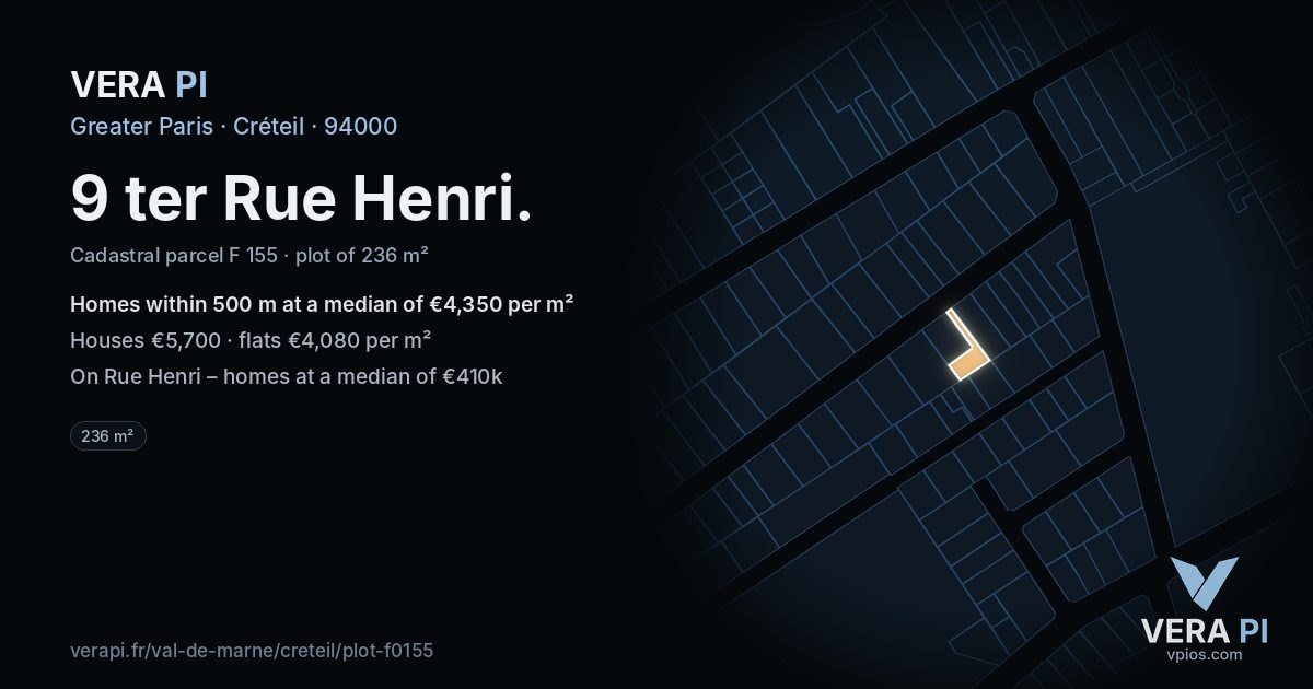 9 ter Rue Henri, Créteil at night – the plot lit, the parcels around coloured by the prices near them