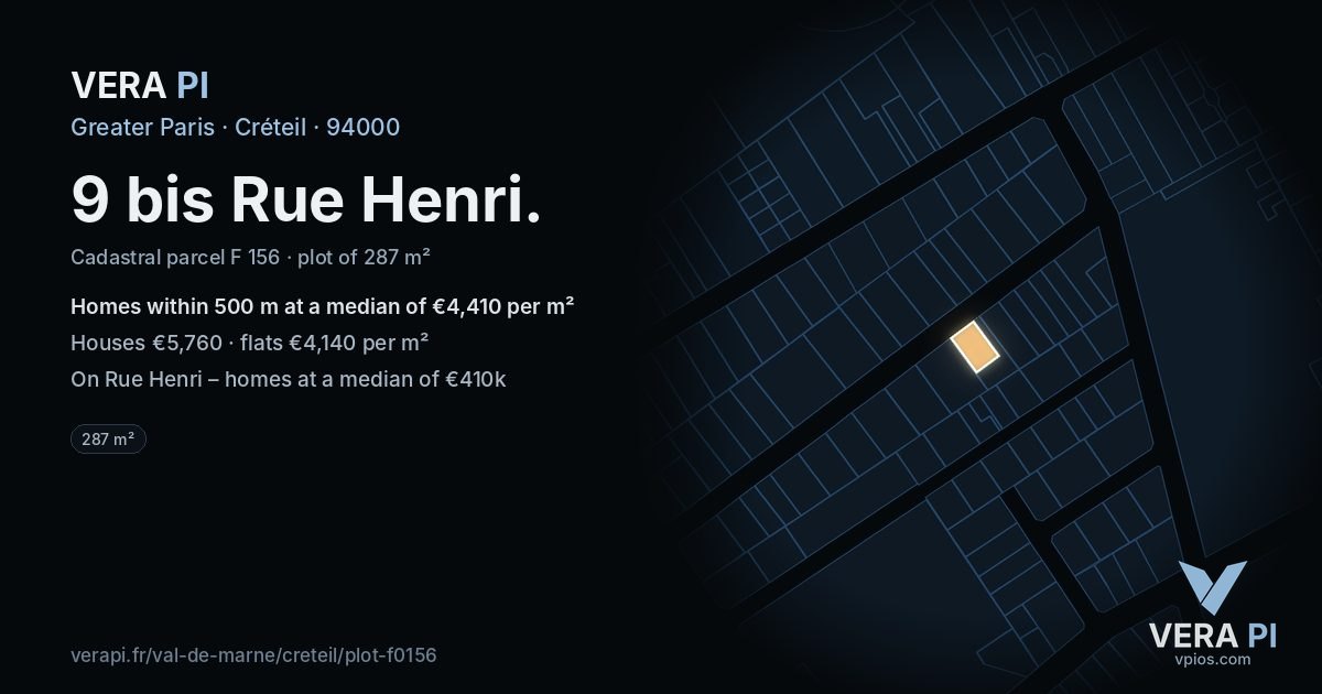 9 bis Rue Henri, Créteil at night – the plot lit, the parcels around coloured by the prices near them