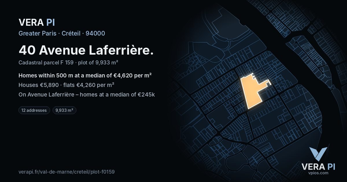 40 Avenue Laferrière, Créteil at night – the plot lit, the parcels around coloured by the prices near them
