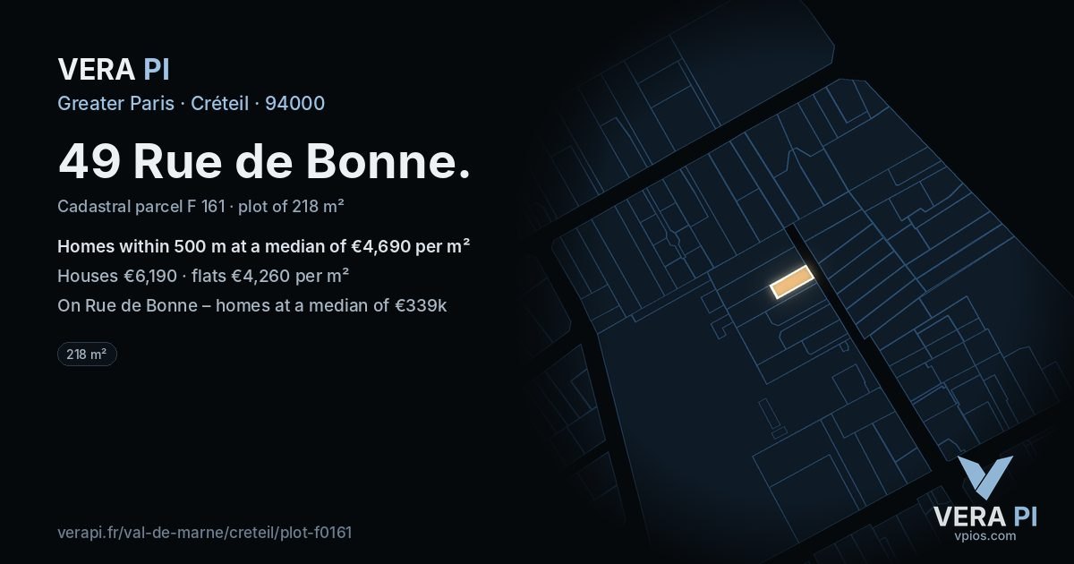 49 Rue de Bonne, Créteil at night – the plot lit, the parcels around coloured by the prices near them