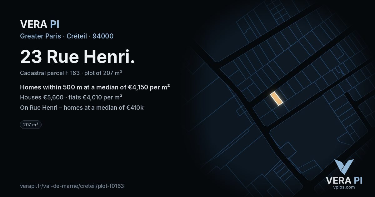23 Rue Henri, Créteil at night – the plot lit, the parcels around coloured by the prices near them