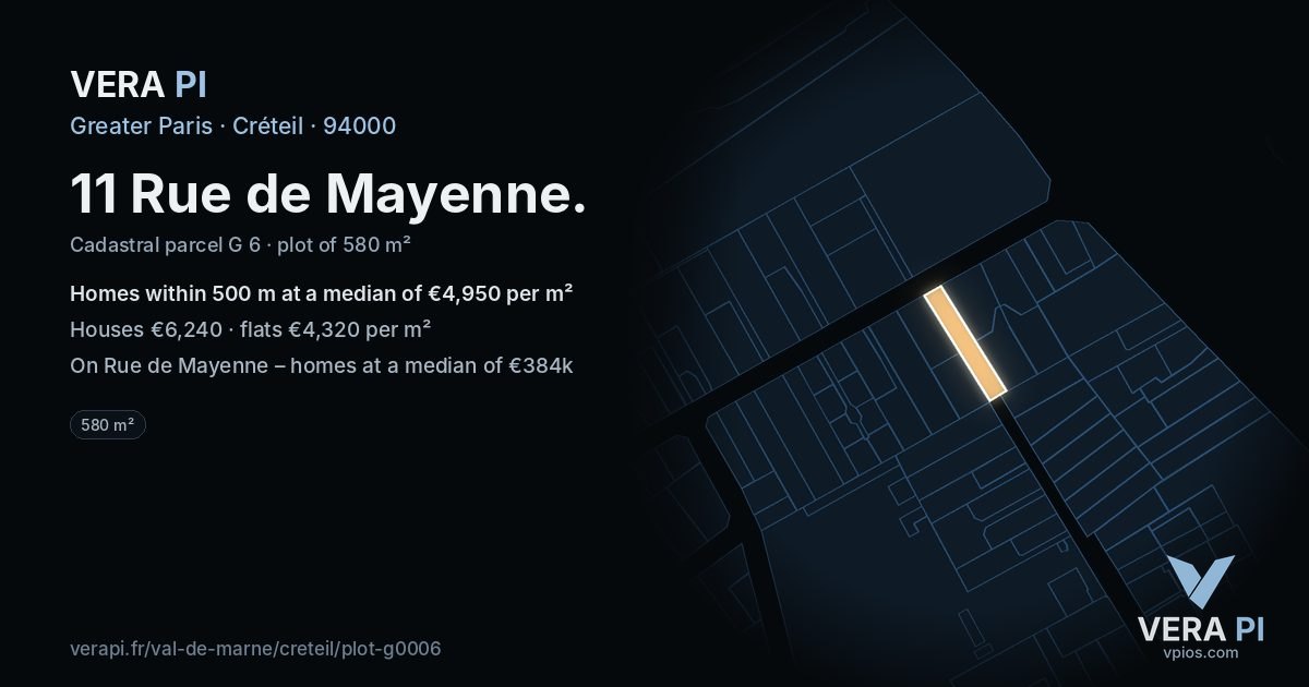 11 Rue de Mayenne, Créteil at night – the plot lit, the parcels around coloured by the prices near them