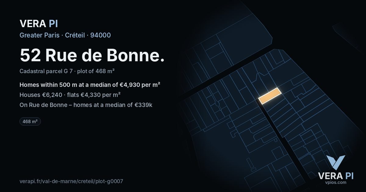 52 Rue de Bonne, Créteil at night – the plot lit, the parcels around coloured by the prices near them