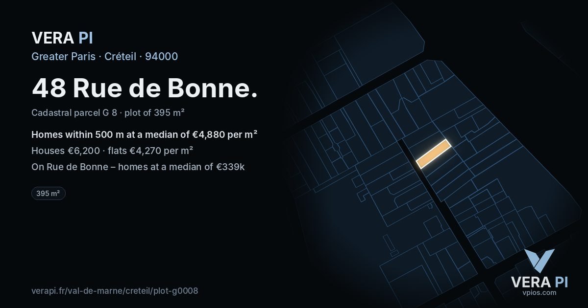 48 Rue de Bonne, Créteil at night – the plot lit, the parcels around coloured by the prices near them