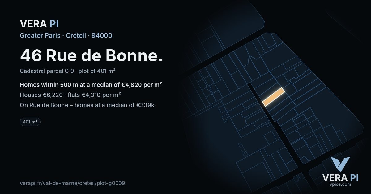 46 Rue de Bonne, Créteil at night – the plot lit, the parcels around coloured by the prices near them