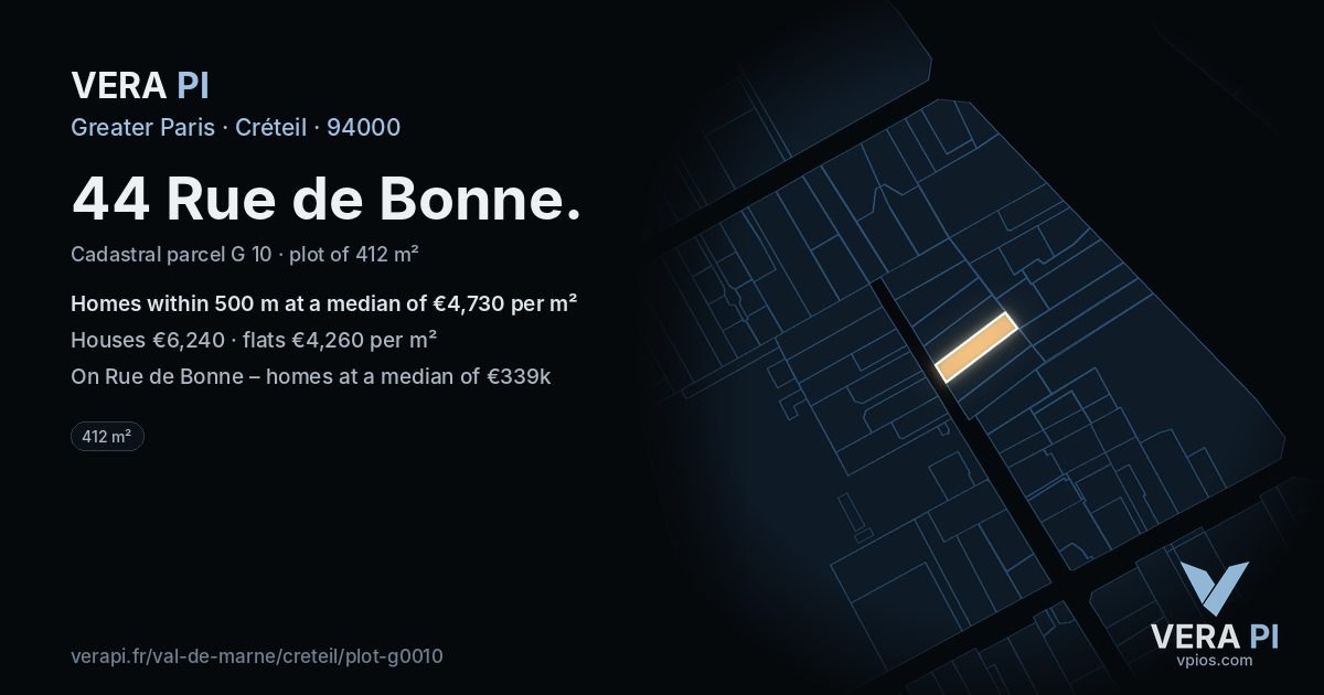 44 Rue de Bonne, Créteil at night – the plot lit, the parcels around coloured by the prices near them