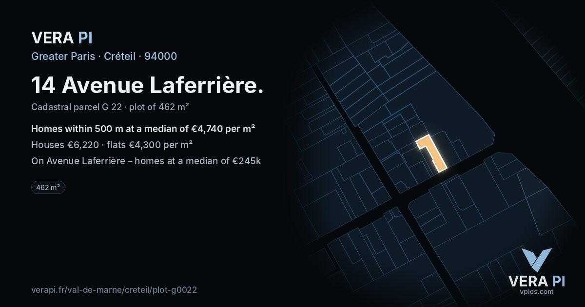 14 Avenue Laferrière, Créteil at night – the plot lit, the parcels around coloured by the prices near them