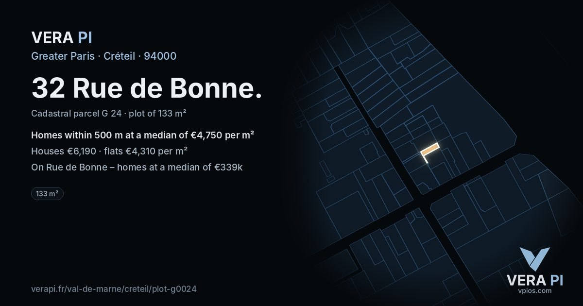 32 Rue de Bonne, Créteil at night – the plot lit, the parcels around coloured by the prices near them