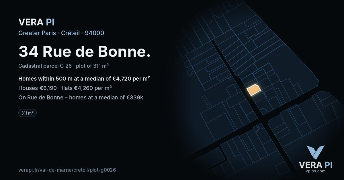 34 Rue de Bonne, Créteil at night – the plot lit, the parcels around coloured by the prices near them