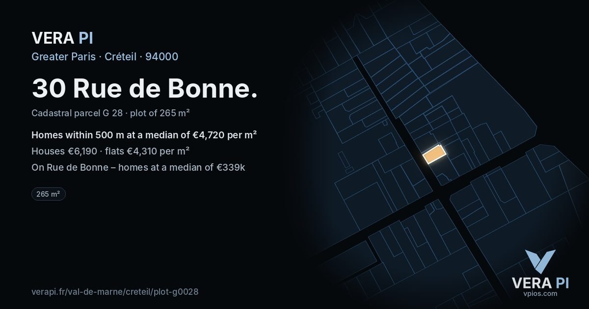 30 Rue de Bonne, Créteil at night – the plot lit, the parcels around coloured by the prices near them