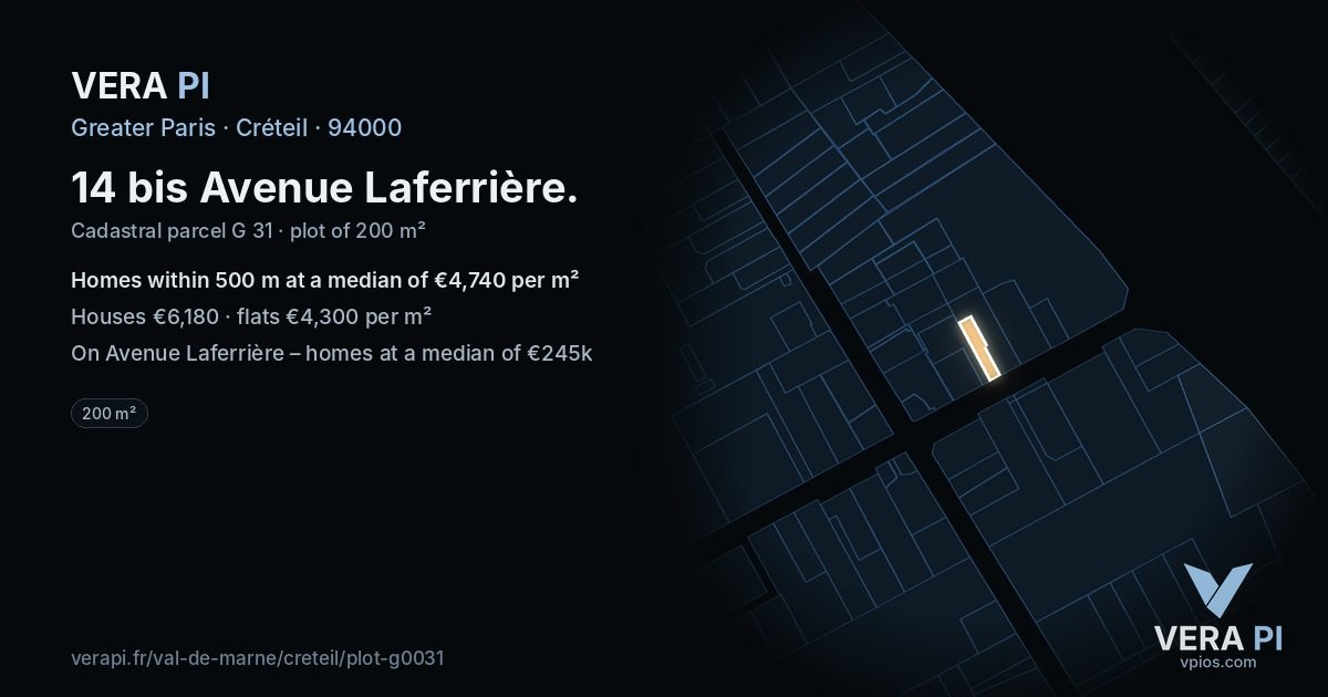 14 bis Avenue Laferrière, Créteil at night – the plot lit, the parcels around coloured by the prices near them