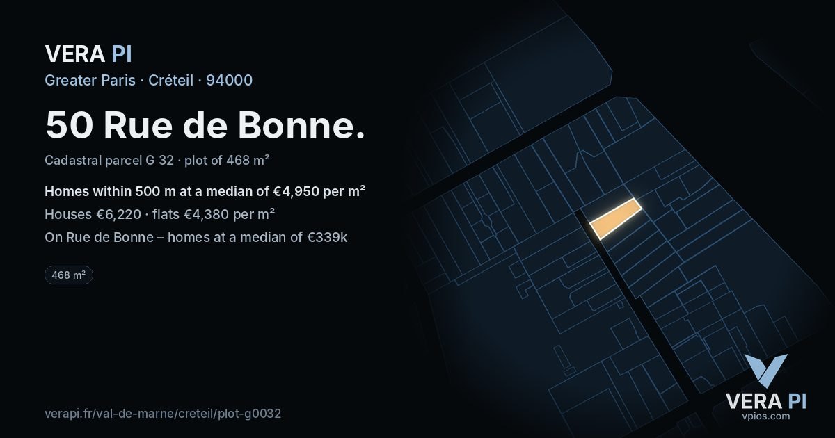 50 Rue de Bonne, Créteil at night – the plot lit, the parcels around coloured by the prices near them