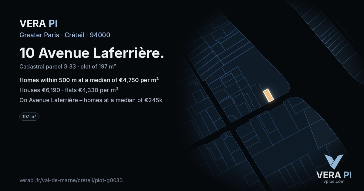 10 Avenue Laferrière, Créteil at night – the plot lit, the parcels around coloured by the prices near them