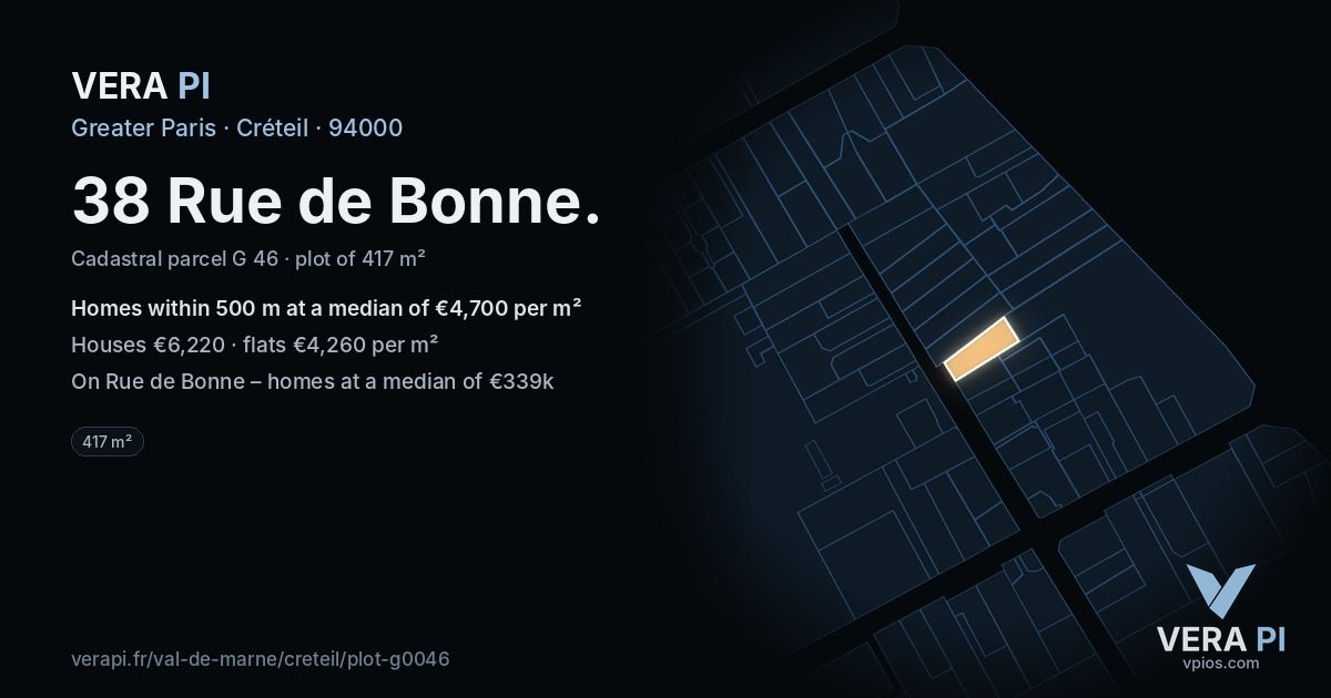 38 Rue de Bonne, Créteil at night – the plot lit, the parcels around coloured by the prices near them