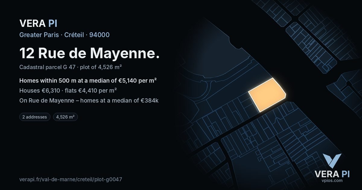 12 Rue de Mayenne, Créteil at night – the plot lit, the parcels around coloured by the prices near them
