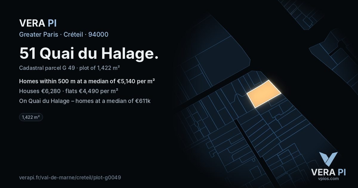51 Quai du Halage, Créteil at night – the plot lit, the parcels around coloured by the prices near them