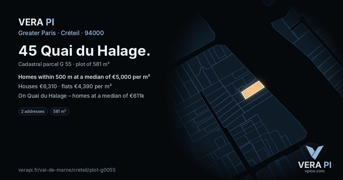 45 Quai du Halage, Créteil at night – the plot lit, the parcels around coloured by the prices near them