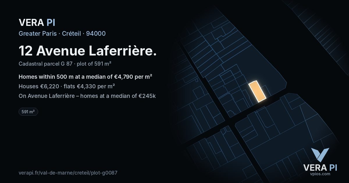 12 Avenue Laferrière, Créteil at night – the plot lit, the parcels around coloured by the prices near them