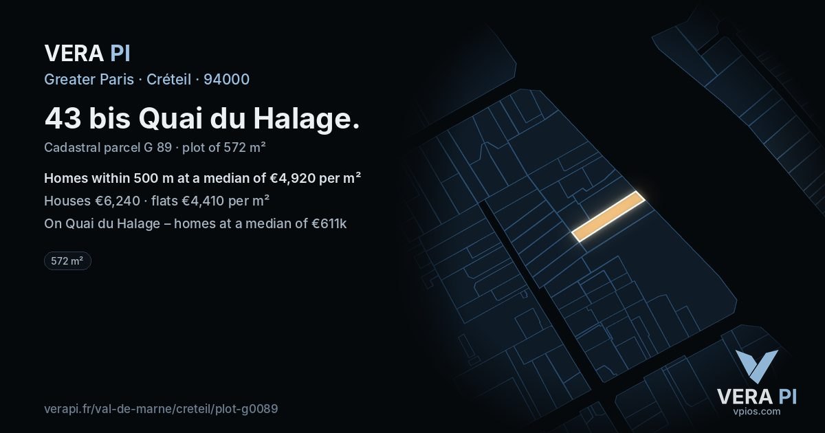 43 bis Quai du Halage, Créteil at night – the plot lit, the parcels around coloured by the prices near them