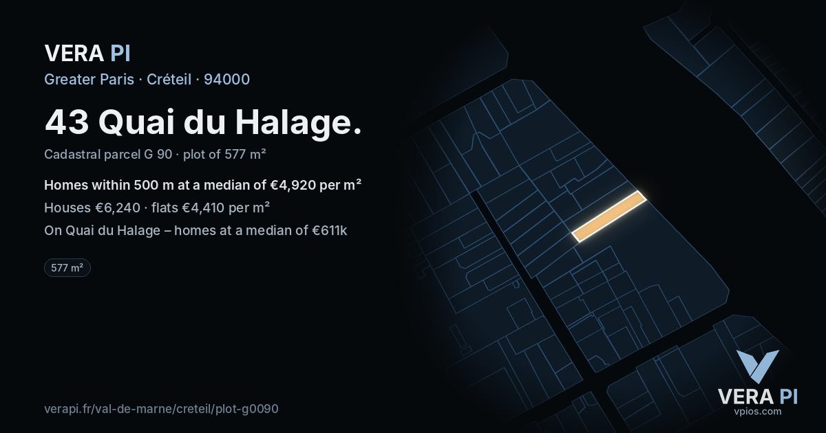 43 Quai du Halage, Créteil at night – the plot lit, the parcels around coloured by the prices near them