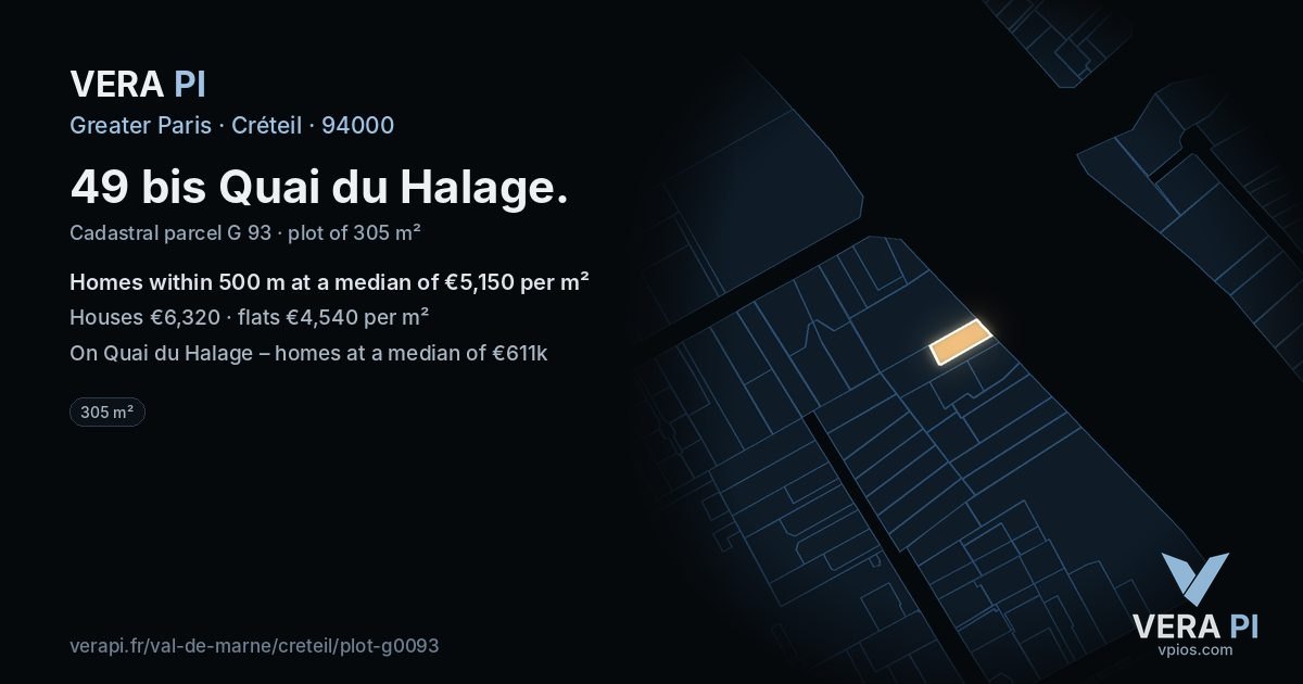 49 bis Quai du Halage, Créteil at night – the plot lit, the parcels around coloured by the prices near them